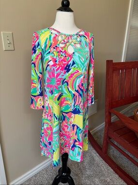 Lilly Pulitzer Coral, Aqua & Hot Pink Braided-Neckline Shift Dress 3/4 Sleeve XS